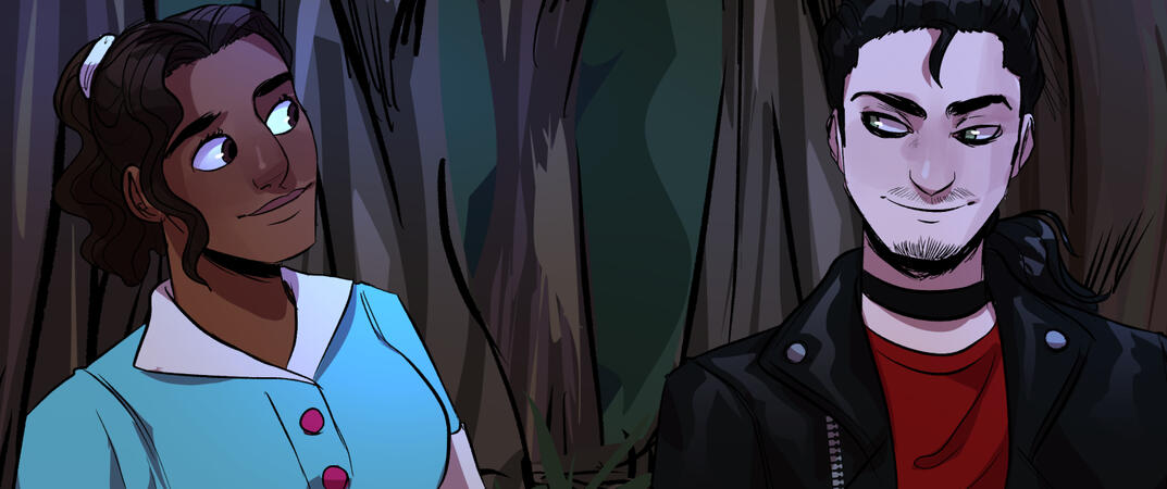 Maya (left) and Chase (right) looking at each other.