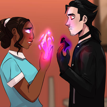 Chase and Maya looking at each other in concern. Both of them have raised hands with magical glows radiating from them.