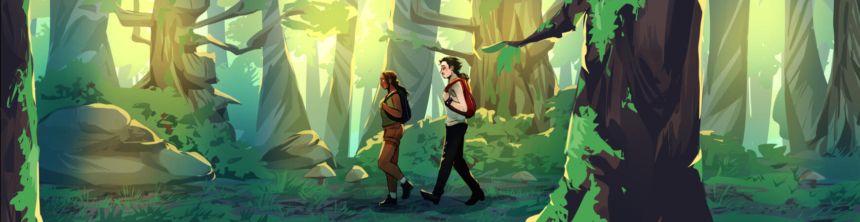 Chase and Maya walking through a sunny yet mysterious forest.